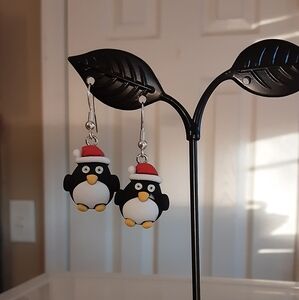Hand Crafted Penguin Christmas  Earrings Black White